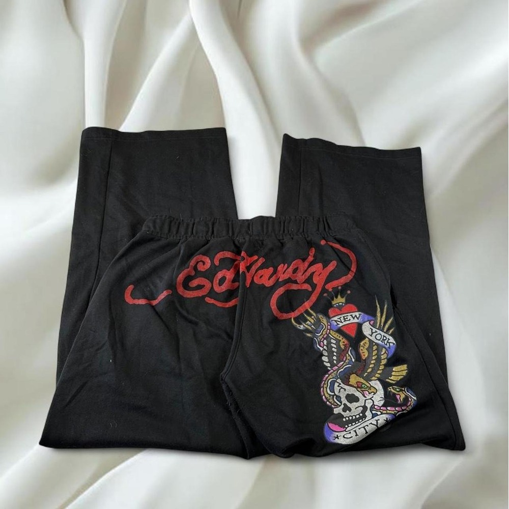 Ed Hardy black red skull graphic wide leg flare sweatpants y2k mcbling grunge